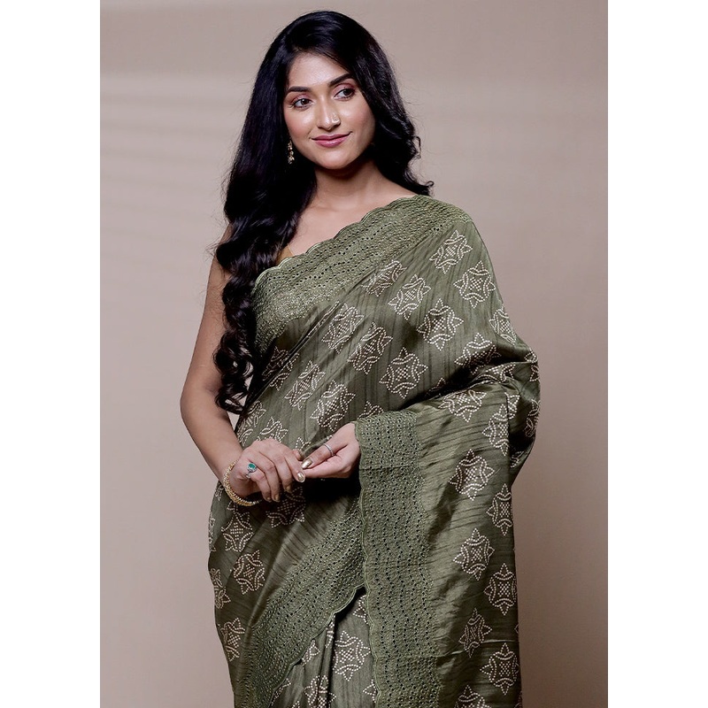 Green Tussar Silk Saree With Blouse Piece - JD986608290