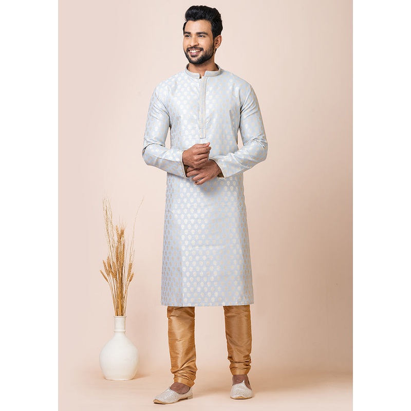 Grey Cotton Full Sleeves Mandarin Collar Kurta And Pajama Set - JD986608244