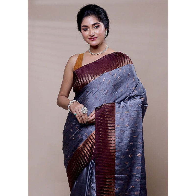 Grey Dupion Silk Saree With Blouse Piece - JD986608288