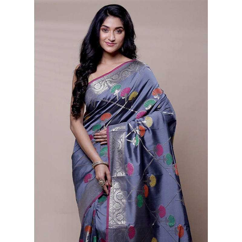 Grey Dupion Silk Saree With Blouse Piece - JD986608289