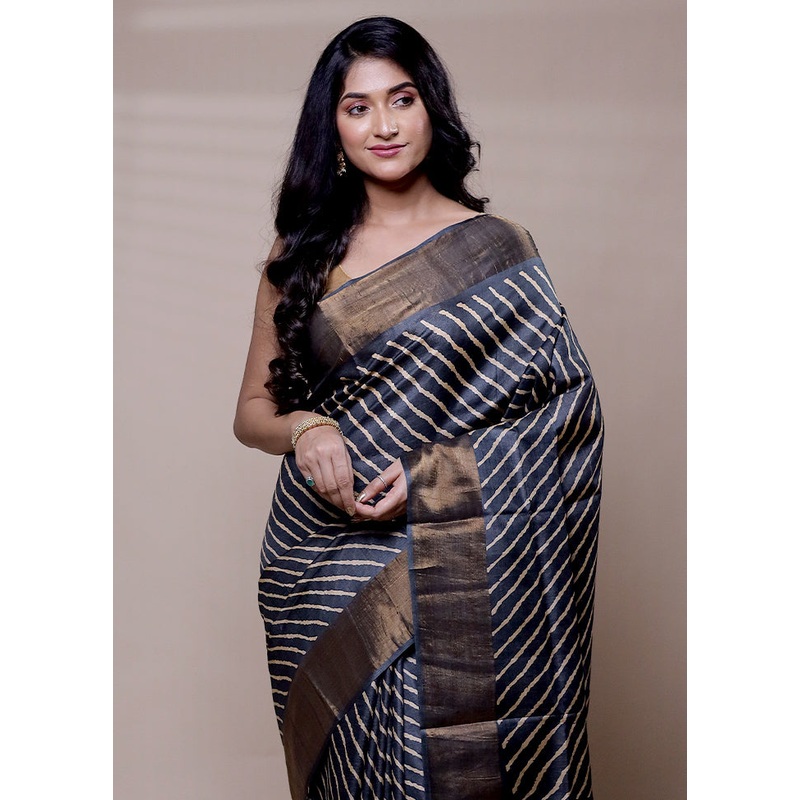 Grey Handloom Tussar Pure Silk Saree With Blouse Piece - JD986608287