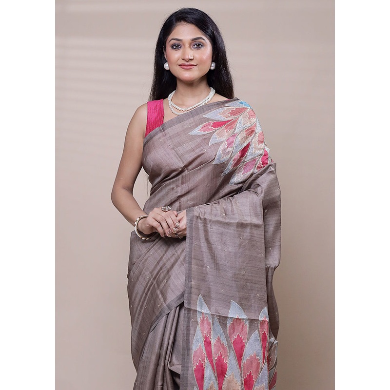 Grey Tussar Silk Saree With Blouse Piece - JD986608286