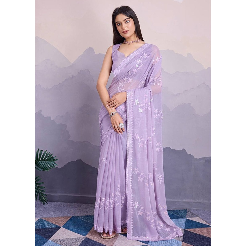 Lavender Chiffon Silk Saree With Blouse Piece - JD986608190