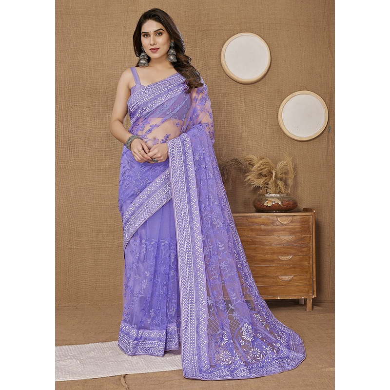Lavender Net Saree With Blouse Piece - JD986608181