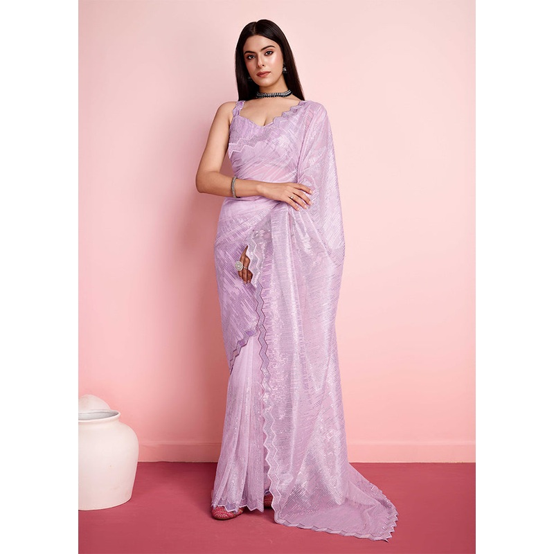 Lavender Net Saree With Blouse Piece - JD986608182