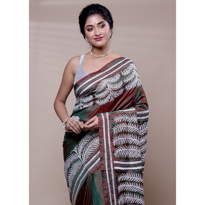 Maroon Handloom Kantha Stitch Pure Silk Saree With Blouse Piece - JD986608284