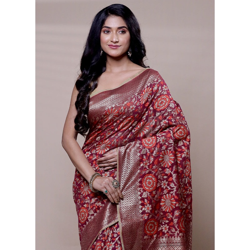 Maroon Kora Silk Saree With Blouse Piece - JD986608283