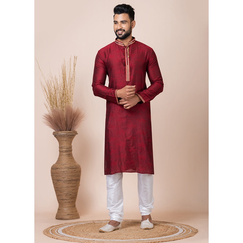 Maroon Silk Full Sleeves Mandarin Collar Kurta And Pajama Set - JD986608242