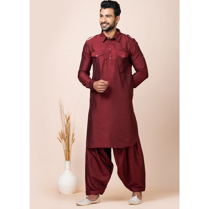 Maroon Viscose Full Sleeves Mandarin Collar Pathani Kurta And Pajama Set - JD986608241