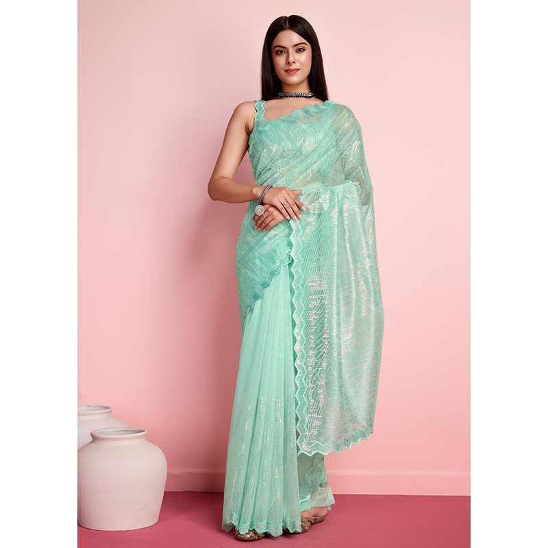 Mint Green Net Saree With Blouse Piece - JD986608178