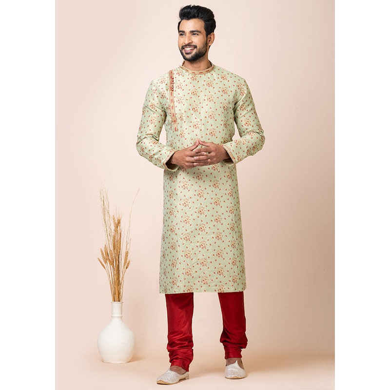 Mint Green Silk Full Sleeves Mandarin Collar Kurta And Pajama Set - JD986608240