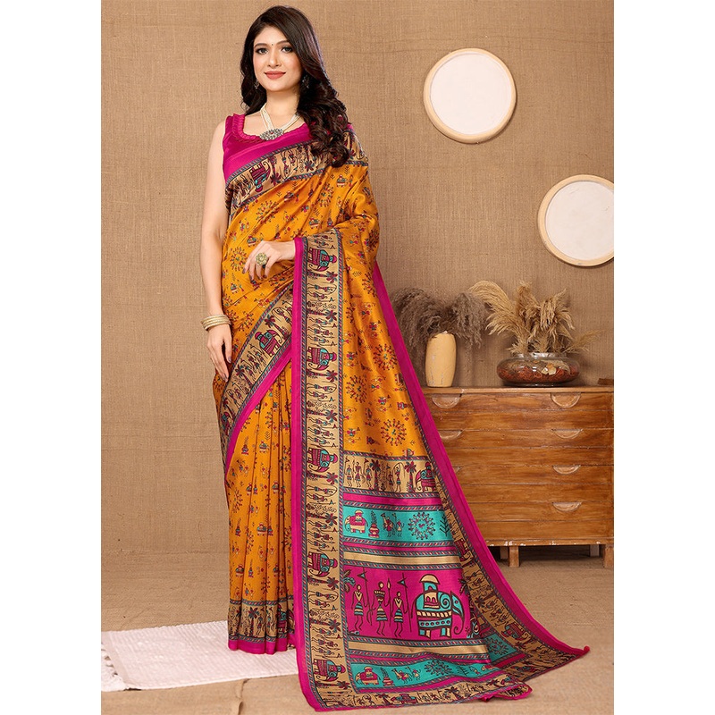Mustard Dupion Silk Saree With Blouse Piece - JD986608372