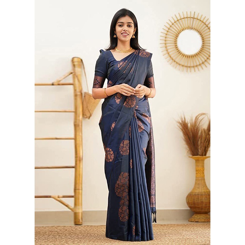 Navy Blue Banarasi Silk Saree With Blouse Piece - JD986608371