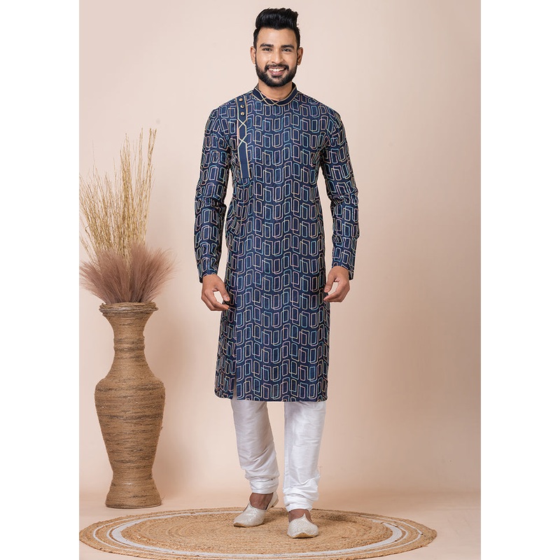 Navy Blue Cotton Full Sleeves Mandarin Collar Kurta And Pajama Set - JD986608237