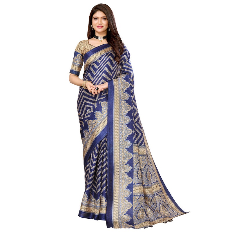 Navy Blue Dupion Silk Saree With Blouse Piece - JD986608369