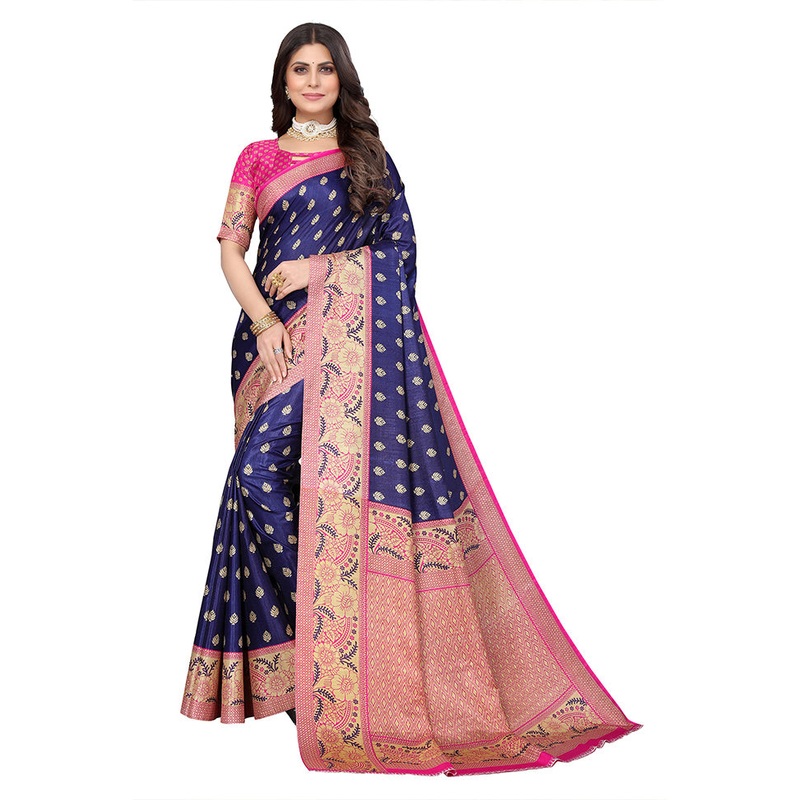 Navy Blue Dupion Silk Saree With Blouse Piece - JD986608370
