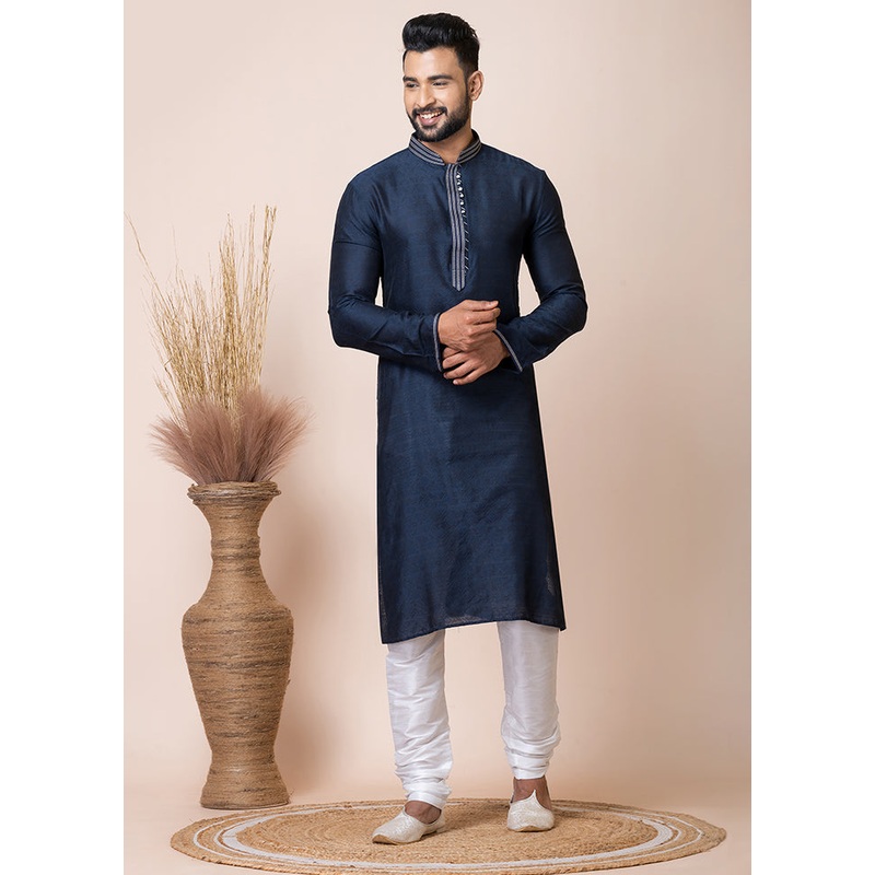 Navy Blue Silk Full Sleeves Mandarin Collar Kurta And Pajama Set - JD986608231