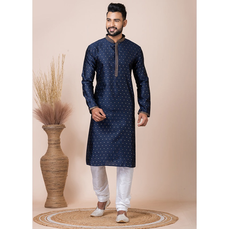 Navy Blue Silk Full Sleeves Mandarin Collar Kurta And Pajama Set - JD986608232