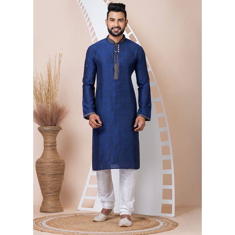 Navy Blue Silk Full Sleeves Mandarin Collar Kurta And Pajama Set - JD986608233