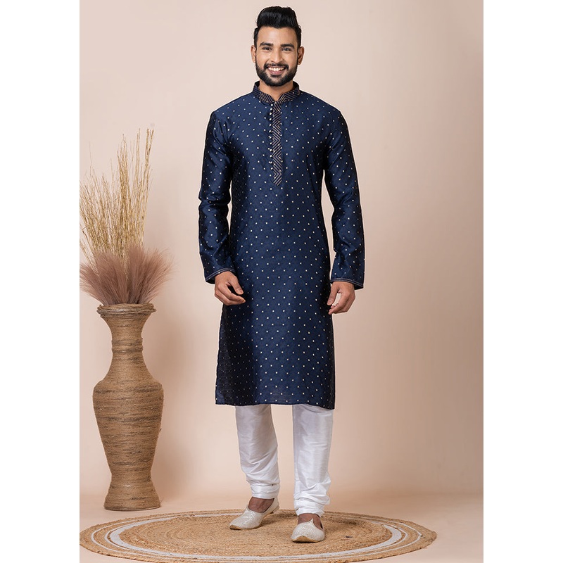 Navy Blue Silk Full Sleeves Mandarin Collar Kurta And Pajama Set - JD986608234