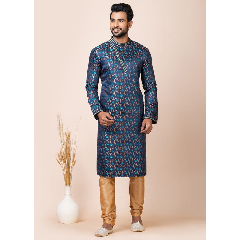Navy Blue Silk Full Sleeves Mandarin Collar Kurta And Pajama Set - JD986608235