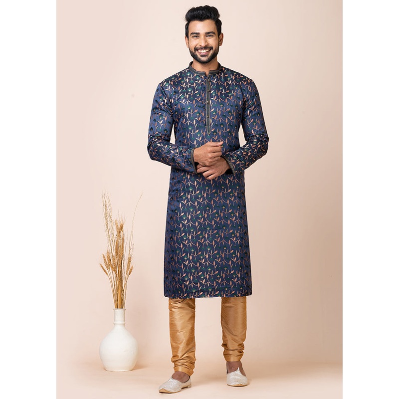 Navy Blue Silk Full Sleeves Mandarin Collar Kurta And Pajama Set - JD986608236