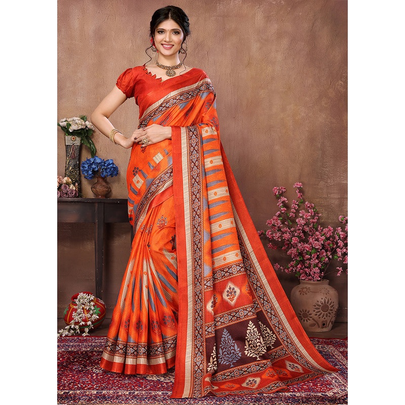 Orange Dupion Silk Saree With Blouse Piece - JD986608363