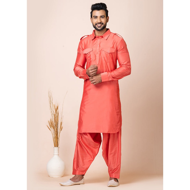 Orange Viscose Full Sleeves Mandarin Collar Pathani Kurta And Pajama Set - JD986608230