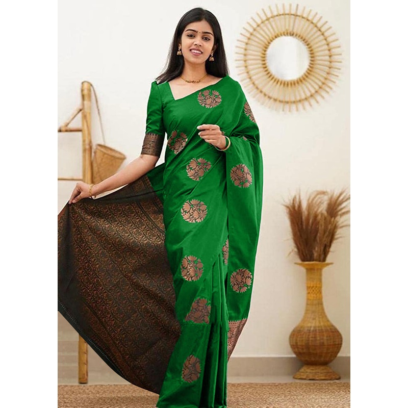 Parrot Green Banarasi Silk Saree With Blouse Piece - JD986608362