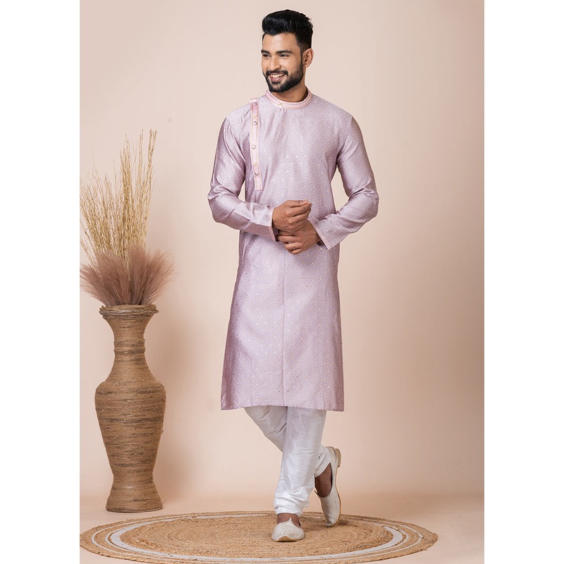 Peach Silk Full Sleeves Mandarin Collar Kurta And Pajama Set - JD986608228