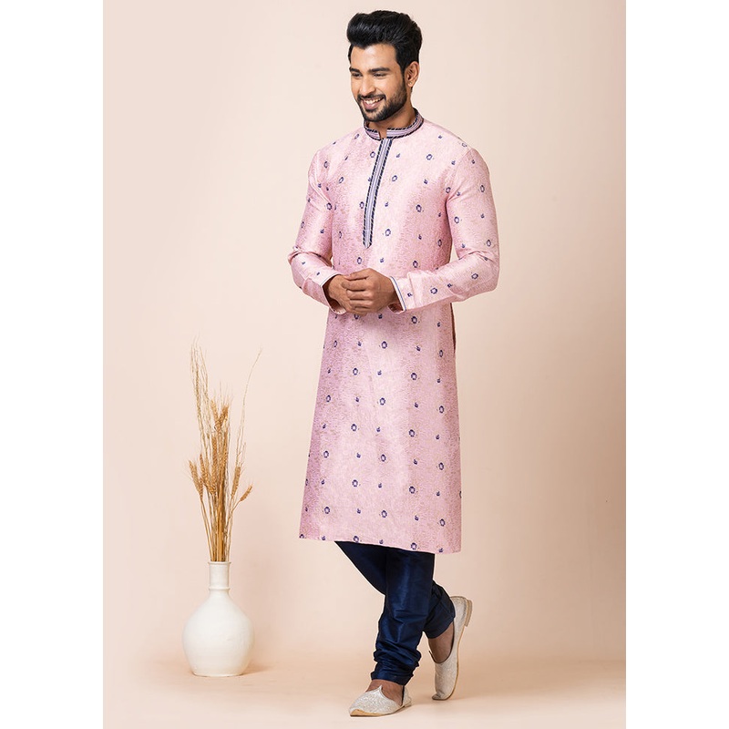 Peach Silk Full Sleeves Mandarin Collar Kurta And Pajama Set - JD986608229