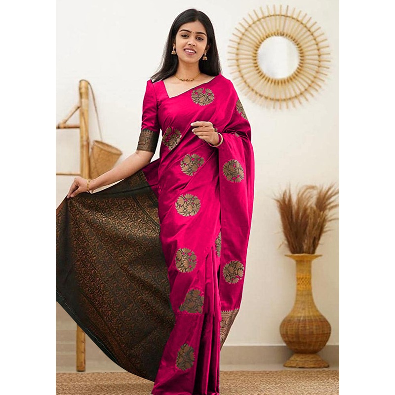 Pink Banarasi Silk Saree With Blouse Piece - JD986608359