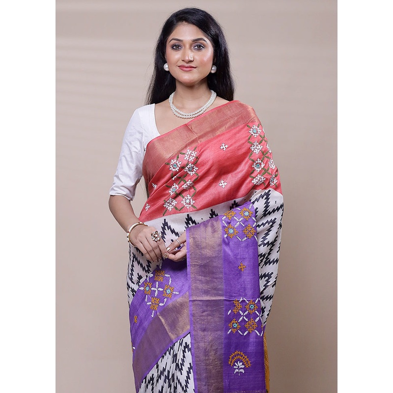 Pink Handloom Tussar Pure Silk Saree With Blouse Piece - JD986608277
