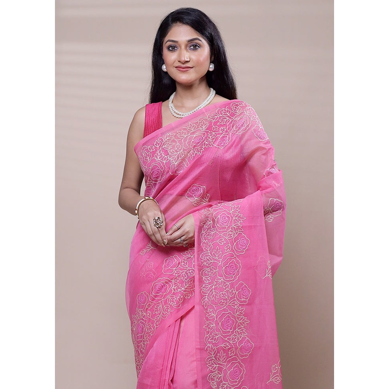 Pink Organza Saree With Blouse Piece - JD986608274