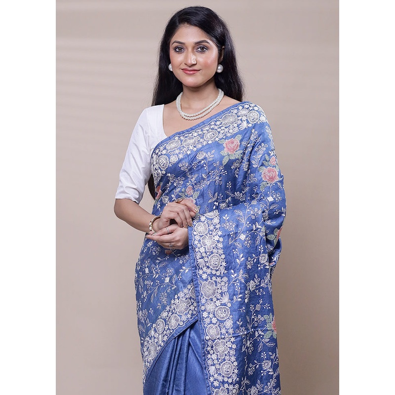 Purple Handloom Tussar Pure Silk Saree With Blouse Piece - JD986608270