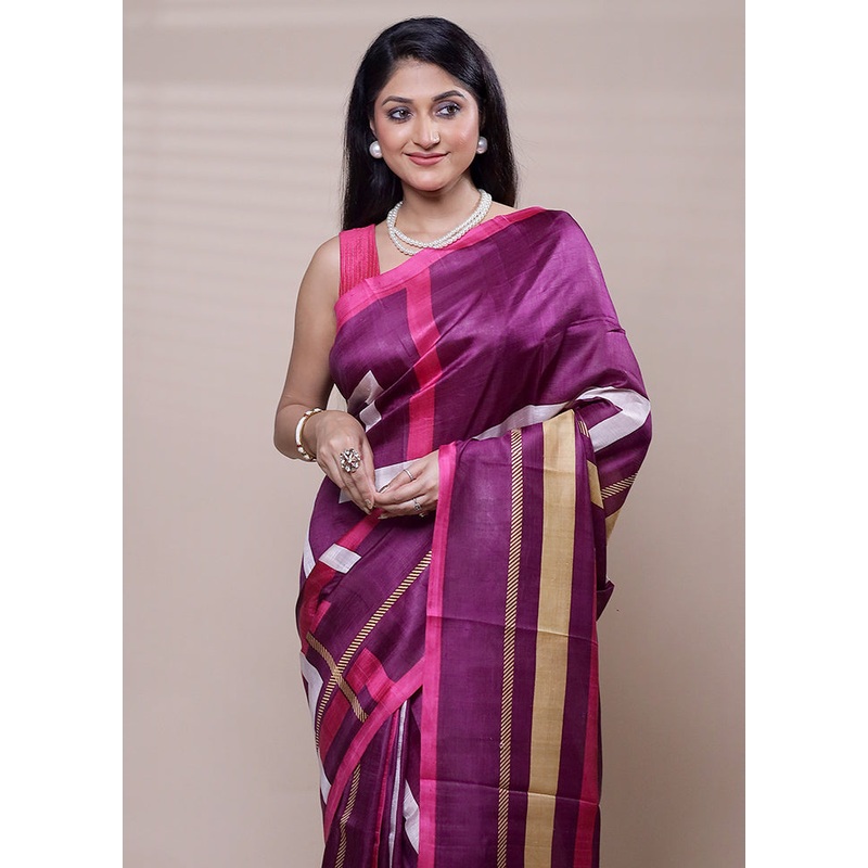 Purple Printed Pure Silk Saree Without Blouse Piece - JD986608269