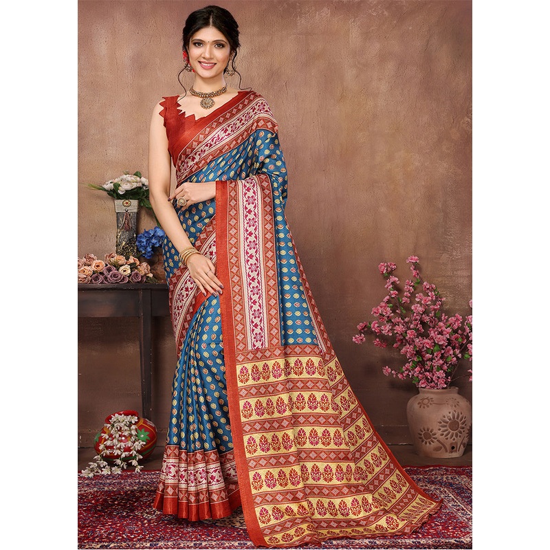 Rama Dupion Silk Saree With Blouse Piece - JD986608346
