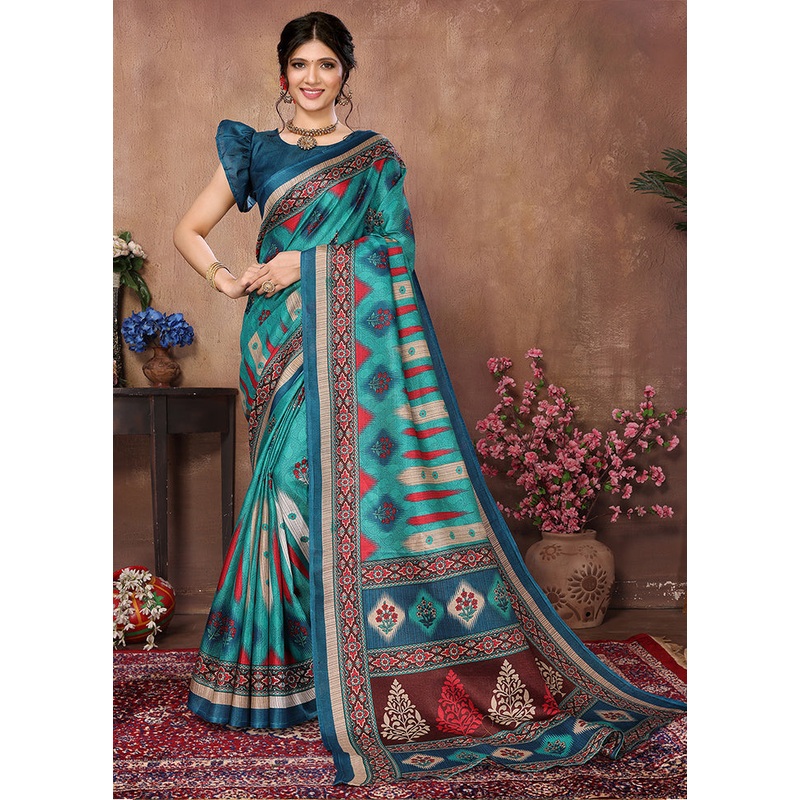 Rama Dupion Silk Saree With Blouse Piece - JD986608347
