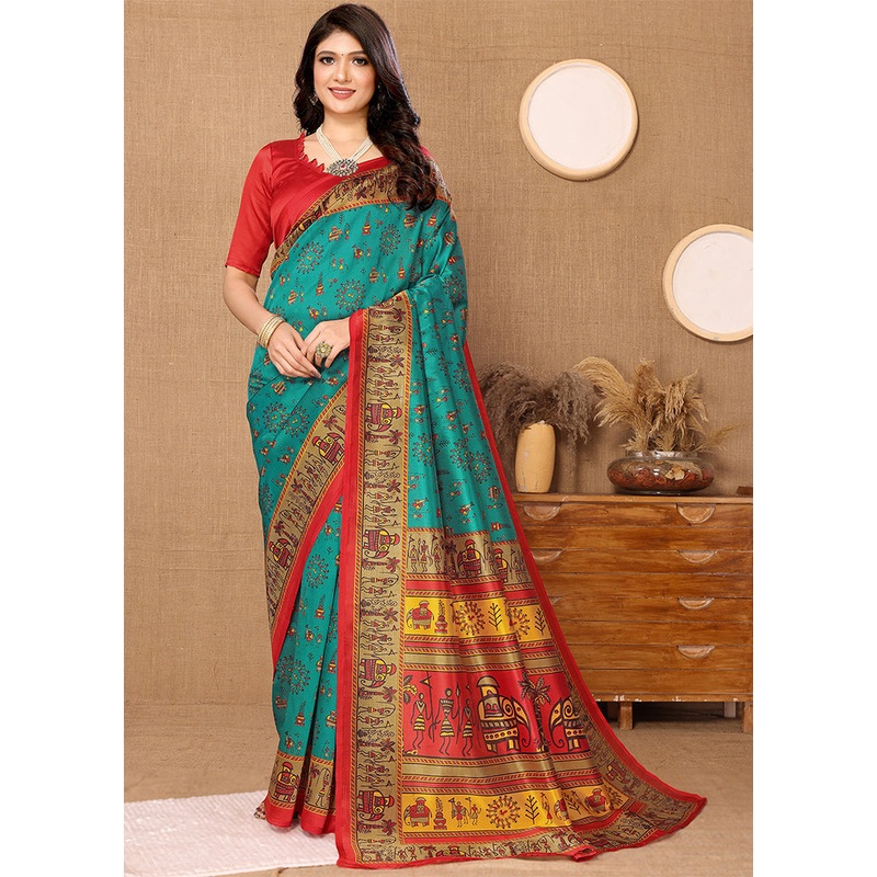 Rama Dupion Silk Saree With Blouse Piece - JD986608350