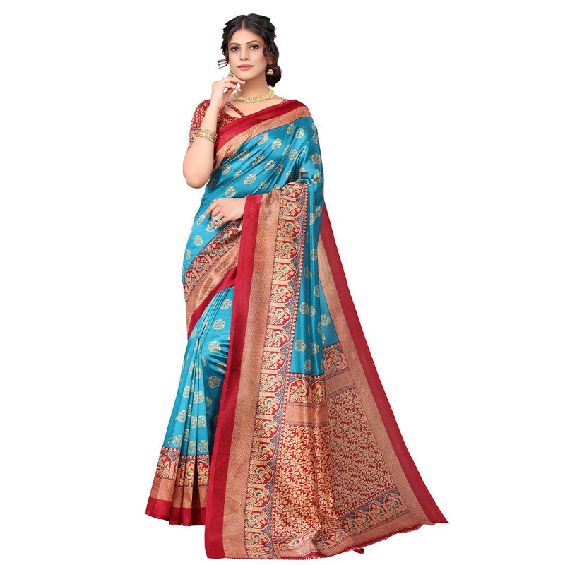 Rama Dupion Silk Saree With Blouse Piece - JD986608351