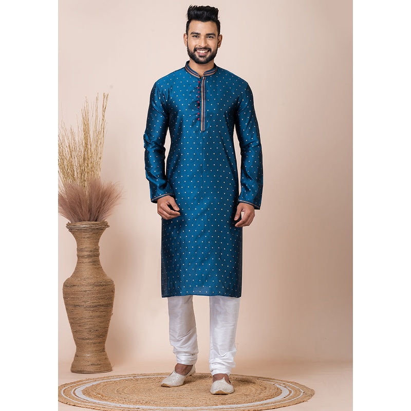 Rama Green Silk Full Sleeves Mandarin Collar Kurta And Pajama Set - JD986608227