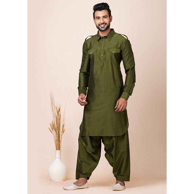 Rama Green Viscose Full Sleeves Mandarin Collar Pathani Kurta And Pajama Set - JD986608226