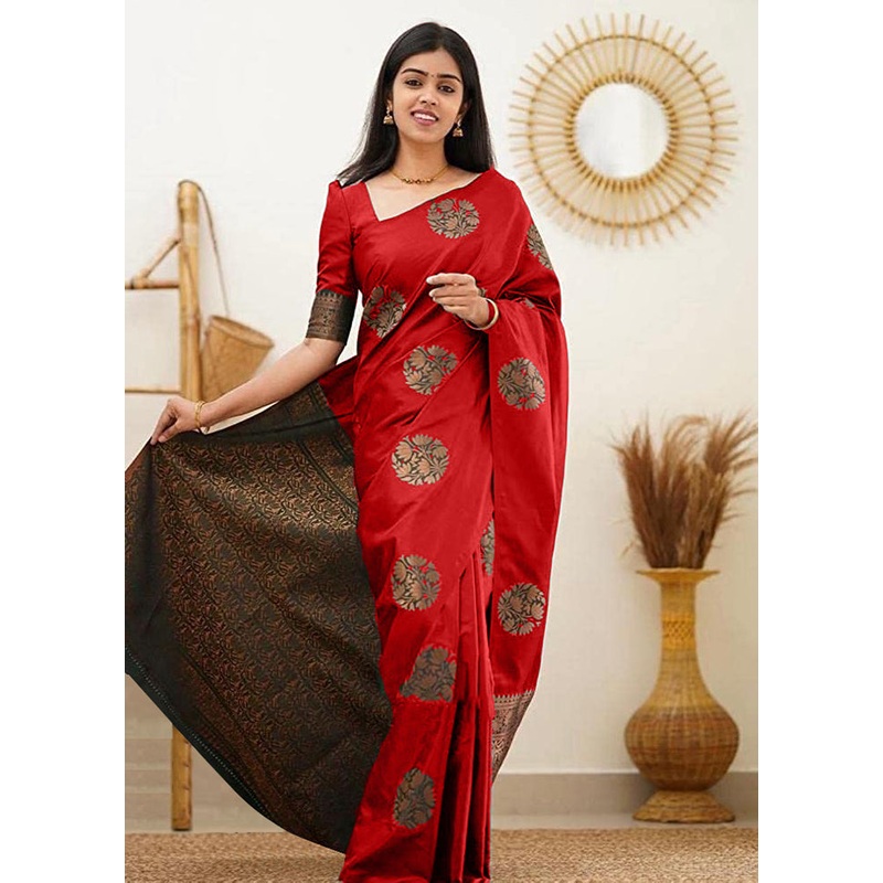 Red Banarasi Silk Saree With Blouse Piece - JD986608345