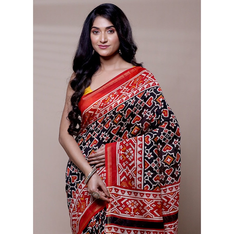 Red Chanderi Cotton Saree With Blouse Piece - JD986608265