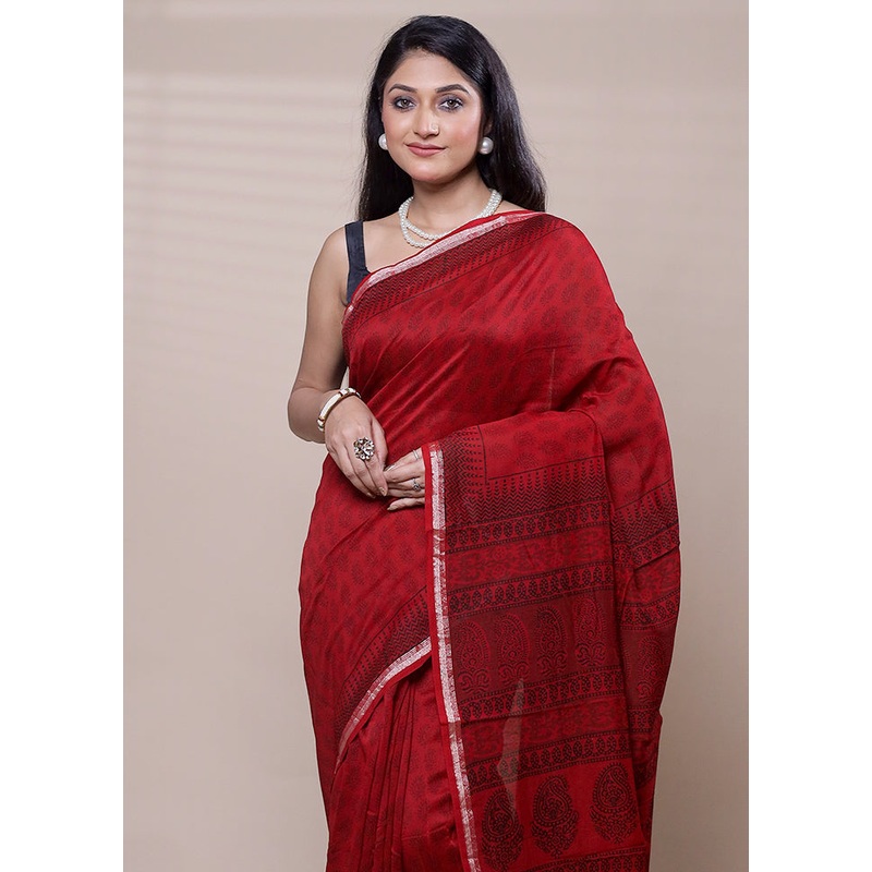 Red Chanderi Cotton Saree With Blouse Piece - JD986608266
