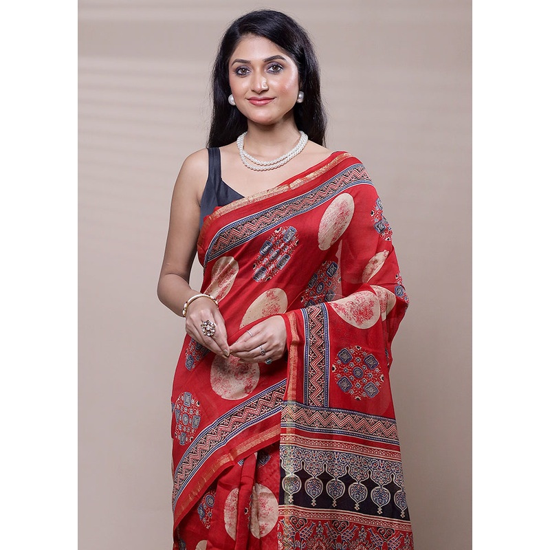Red Chanderi Cotton Saree With Blouse Piece - JD986608267
