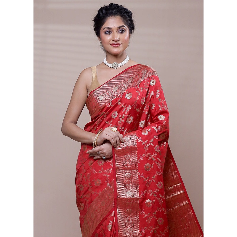 Red Dupion Silk Saree With Blouse Piece - JD986608264