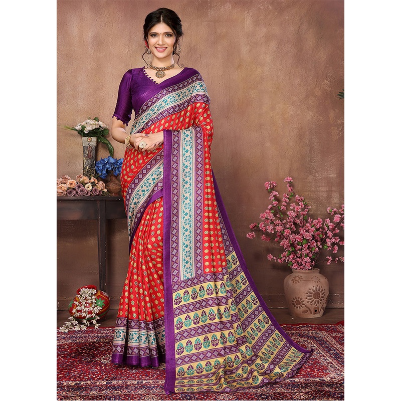 Red Dupion Silk Saree With Blouse Piece - JD986608339