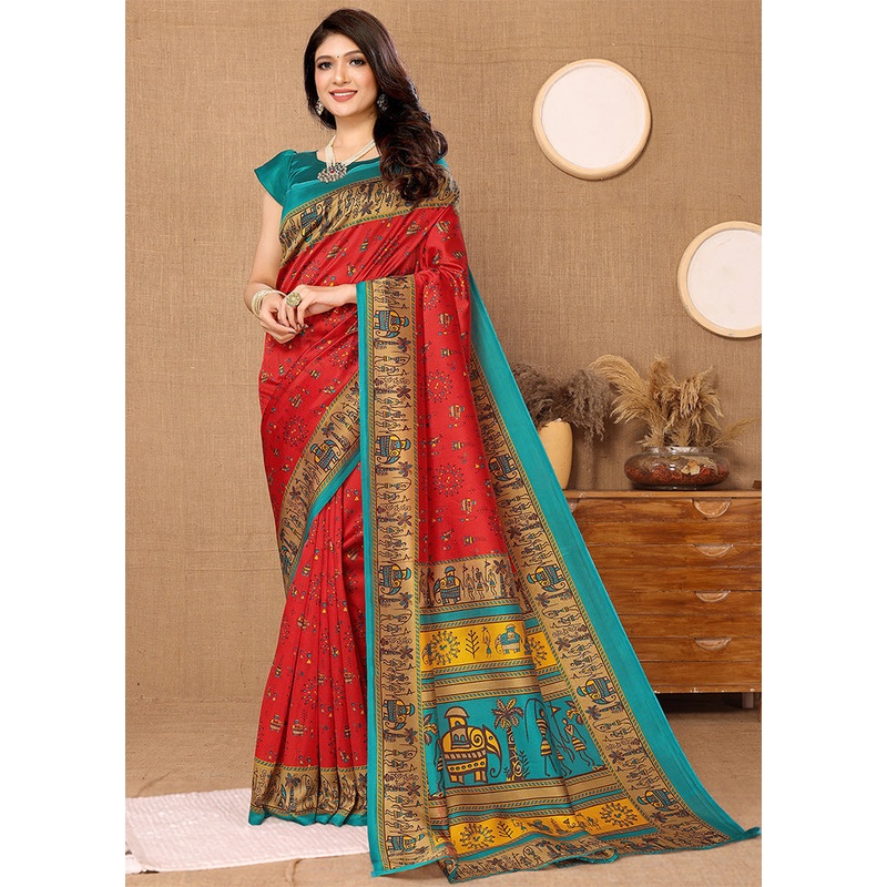 Red Dupion Silk Saree With Blouse Piece - JD986608340