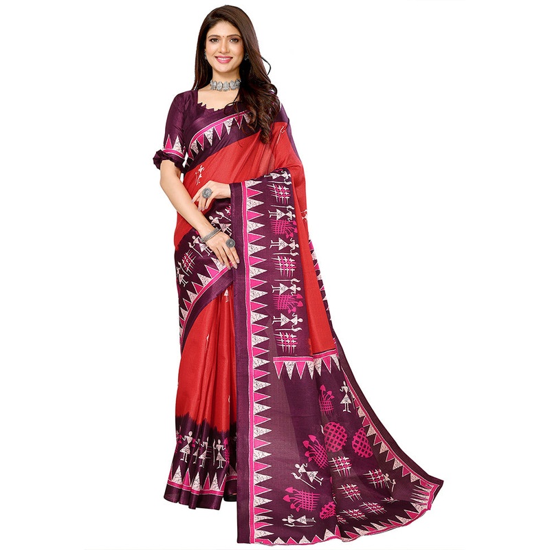 Red Dupion Silk Saree With Blouse Piece - JD986608341